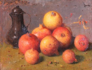 Salvatore Amico (Spanish), Still Life of Pomegranates with Coffee Pot, oil on board, signed recto, inscribed verso, 33cm x 44cm.