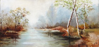 F.M., British School Landscape with River and Trees, early 20th century oil on canvas, signed with initials, 90cm x 39cm