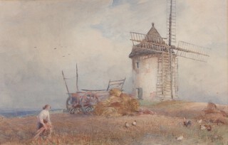 Max Ludby, (British, 1858-1943) "Figure gathering a Harvest near a Windmill", watercolour, inscribed verso, 31cm x 49cm.