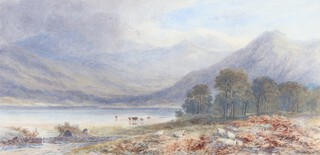 Cornelius Pearson (British, 1805-1891), Highland Lake Scene with Cattle watering, watercolour, signed with monogram, 19cm x 39cm.
