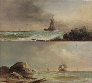 T.M. Morgan, Sailing Vessels off a Coast, a pair of 19th century oils on board, both signed, each 13cm x 29.5cm.