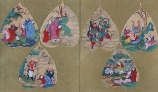 Chinese School, A set of six Bodhi leaf watercolours depicting guardian figures and luohan, probably Qing dynasty, framed as two, each 28cm x 25cm. 