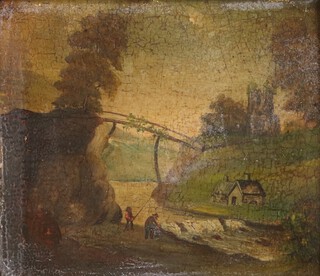 British Naive and Provincial School "Fishermen on a Riverbank", 19th century oil on board, 12cm x 14.5cm.  