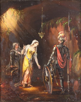 British School,  Probably a scene from Walter Scott's Eve of St John, 19th century oil on panel, indistinctly signed and dated, 36cm x 29cm. 