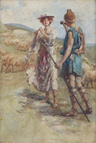 Gertrude Demain Hammond (British, 1862-1953), "Calidore and Pastorella",  watercolour, signed, 36cm x 24cm (illustrated centre pages. Note: this work was reproduced as an illustration in Lawrence H. Dawson's "Stories from the Faerie Queene retold from Spenser"  (Harrap, 1909).