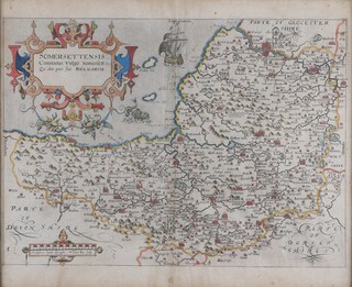 William Kip, after Christopher Saxton "Somersettensis"? (Map of Somerset), 17th century engraving with hand-colouring, 28cm x 38cm.