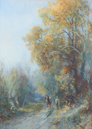Samuel Towers (British, 1862-1943),  Figure and Horse on a Country Road, watercolour with gouache, signed, 46cm x 33cm.