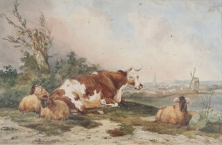 Thomas Preston, Landscape with Cattle and Sheep, 19th century watercolour, signed, 21cm x 34cm. 