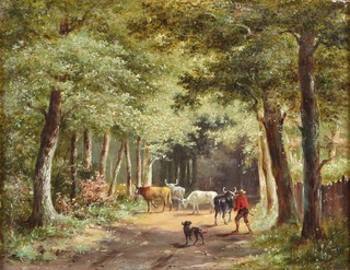 Anthony de Bree (1856-1921), Cattle, Drover and Dog on a Woodland Road, oil on panel, signed, 17cm x 22cm.