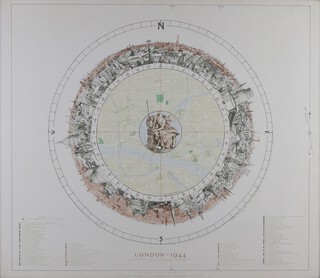 Arthur Bond "London 1944 As Seen by an A.R.P. Observer on the Roof of the Bank of England in the Summer of That Year" (Map of London), colour lithograph, published by the Baynard Press 1945, 67cm x 78cm. Note: This rare and attractive map was drawn by a member of the bank staff, Arthur Bond, which he originally prepared to serve as a "Roofspotters Guide" during the time of the flying bomb menace. 