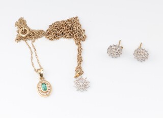 A 9ct yellow gold necklace 48cm with a diamond cluster pendant and pair of 9ct yellow gold diamond cluster ear studs, a 9ct yellow gold necklace 46cm with an emerald and diamond pendant, grows weight 7.7 grams 