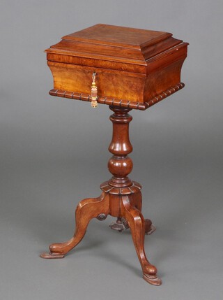 A Victorian rectangular figured walnut work box, raised on carved column and tripod base 76cm h x 36cm w x 31cm d 