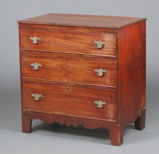 A 19th Century rectangular mahogany chest of 3 long drawers with replacement brass swan neck drop handles, raised on bracket feet 79cm h x 77cm w x 45cm d 