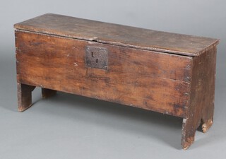 A 17th Century 6 panel coffer with hinged lid and iron lock plate 50cm h x 117cm w x 36cm d 