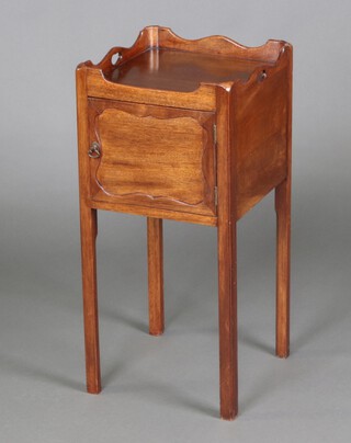 A Georgian style square mahogany tray top commode/bedside cabinet enclosed by a panelled door, raised on square supports 74cm h x 34cm w x 34cm d 