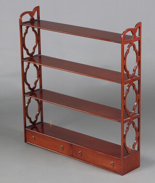 A Georgian style mahogany 4 tier hanging shelf with tracery panels to the side, the base fitted 2 long drawers 88cm h x 82cm w x 17cm d 