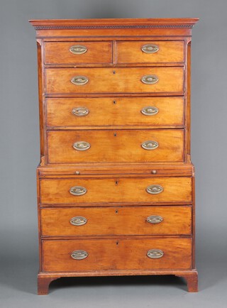 A Georgian mahogany chest on chest with moulded and dentil cornice, fitted 2 short drawers and 3 long drawers, the base with brushing side and 3 long drawers, raised on bracket feet 184cm h x 110cm w x 54cm d 