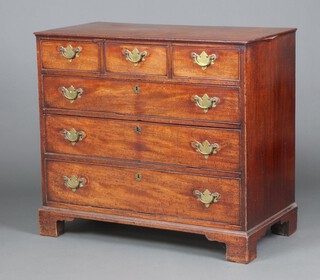 A Georgian mahogany chest of 3 short and 3 long drawers with replacement brass swan neck drop handles, raised on bracket feet (possibly the top of a chest on chest) 91cm h x 102cm w x 52cm deep 