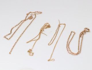 Four 9ct yellow gold small broken chains, 2.4 grams  