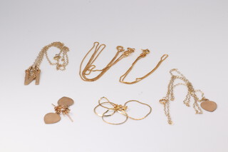 Two 9ct yellow gold necklaces 32cm and 36cm and a bracelet 18cm, a pair of heart ear studs, 2 pendants, 4.5 grams 
