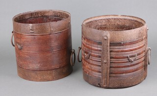 Two similar 19th Century circular Eastern hardwood coopered jardinieres/buckets with ring drop twin handles 25cm h x 26cm diam. 