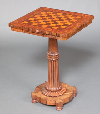 A William IV inlaid and crossbanded rosewood chess table, the top with inlaid floral border fitted 2 brushing slides, raised on a turned and reeded column with circular base 72cm h x 51cm w x 52cm d 