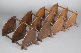 Ercol, two pairs of light and dark elm 3 tier corner wall mounted what-nots/shelves  79cm h x 35cm w x 46cm d 