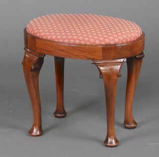 A Georgian style oval mahogany stool with drop in seat, raised on cabriole supports 45cm h x 52cm w x 36cm d 