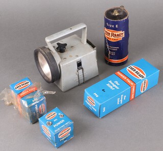 A British Railways hand signalling torch, a 1930's Eveready size E dry cell battery, together with 3 other Eveready dry cell batteries PP11, P1 and PP8 