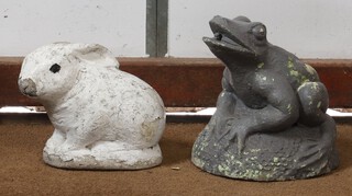 A grey painted concrete garden fountain in the form of a toad 45cm h x 19cm, 1 other of a rabbit 20cm x 23cm 