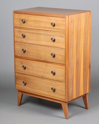 A mid-century bleached teak chest of 5 drawers with gilt metal handles 114cm h x 76cm w x 46cm d 