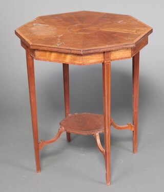 A Sheraton revival Edwardian 2 tier inlaid occasional table 70cm by 59cm (split to top, stained, some veneer missing) 