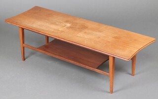 A mid-century teak rectangular 2 tier coffee table on outswept supports 120cm w x 40cm d 