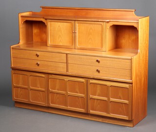 A Nathan made by Parker Knoll sideboard, the raised back enclosed by panelled doors, flanked by niches above 4 short drawers with triple cupboard beneath 117cm h x 153cm w x 45cm d 