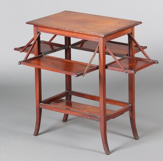 An Edwardian rectangular mahogany tea table fitted 4 drop flaps, raised on outswept supports 69cm h x 55cm w x 36cm d (ring mark to top)