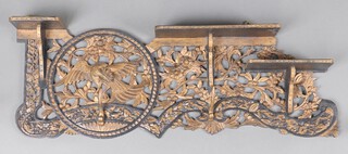 A Chinese pierced and gilt painted wood 2 hook coat rack with shelves 37cm x 78cm x 12cm 