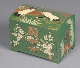 A Chinese style domed green lacquered jewellery box with hinged lid, the base fitted 2 drawers, the top decorated storks 21cm h x 31cm w x 20cm d (damage to the lacquering on the lid)