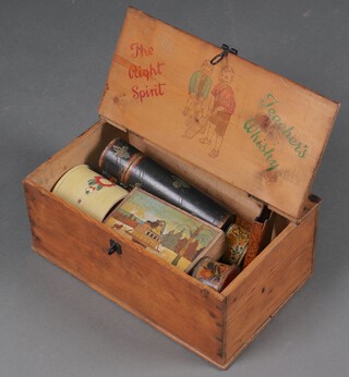 A rectangular pine Teachers Whisky box, the interior lid marked "The Right Spirit Teachers Whisky" 18cm h x 52cm w x 26cm, containing a large collection of wooden boxes 