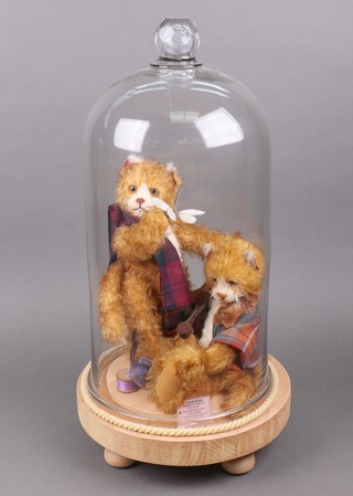 Anita Weller Puzzle Bears, 2 figures of cats and a bear, contained under a glass dome 66cm h x 31cm diam. 