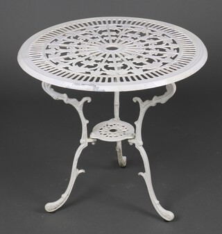 A Victorian style white painted pierced aluminium garden table 66cm h x 71cm diam. 