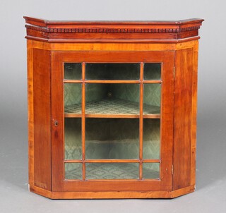 A 19th Century inlaid mahogany hanging corner cabinet enclosed by astragal glazed panelled doors 68cm h x 68cm w x 44cm d 