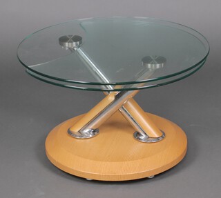 A stylish chrome and oak circular extending occasional table with plate glass top 44cm x 69cm 