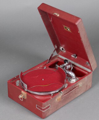 His Masters Voice, an HMV gramophone complete with winder contained in a red fibre case 15cm h x 29cm w x 41cm d 