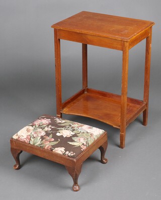 A rectangular mahogany stool with upholstered drop in seat raised on cabriole supports 19cm h x 40cm w x 31cm d together with a rectangular walnut 2 tier occasional table raised on square tapered supports 66cm h x 47cm w x 34cm d 