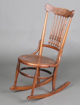 A Thonet style beech and bentwood stick and bar back rocking chair, the base labelled J and F Power and Co, Manchester,  90cm h x 45cm w x 64cm d