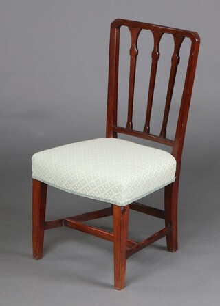 A 19th Century mahogany stick and rail back dining chair with over stuffed seat, raised on square tapered supports with H framed stretcher 84cm h  (repairs to back legs)