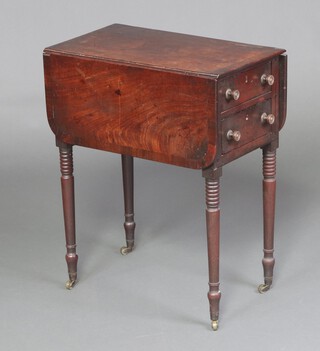 A Georgian crossbanded mahogany drop flap Pembroke table fitted 2 drawers, raised on ring turned supports with brass caps and casters 70cm h x 56cm w x 32cm d (water and contact marks, section to top of a flap is missing, drawer stop to bottom drawer and escutcheon are missing)