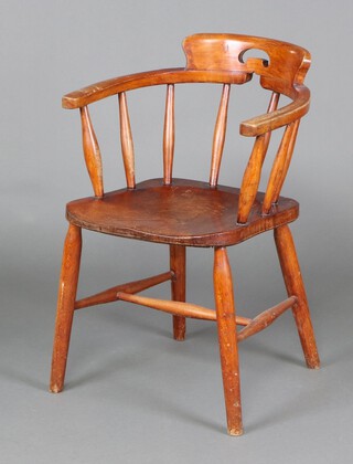 A 19th Century beech and elm stick back smoker's bow chair raised on turned supports with H framed stretcher 79cm h x 53cm w x 44cm d (does not sit square to ground)