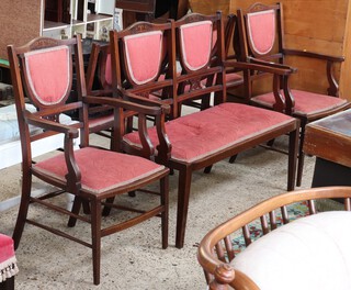 An Edwardian 7 piece inlaid mahogany drawing room suite comprising double chair back settee 92cm h x 119cm w x 37cm d (1 arm has old repair), 2 open arm chairs 91cm h x 58cm w x 41cm d (old breaks to both left arms) and 4 standard chairs 86cm h 