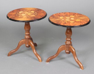 A pair of circular simulated inlaid walnut finished wine tables raised on cabriole supports 48cm h x 44cm diam. 